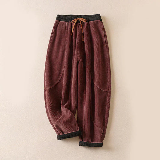 Pantalon Sarouel Femme Thermique en Velours Côtelé avec Poignets Contrastés et Poches