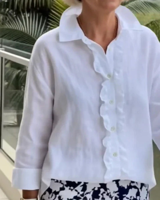 Chemisier uni à col volanté et manches longues pour femme