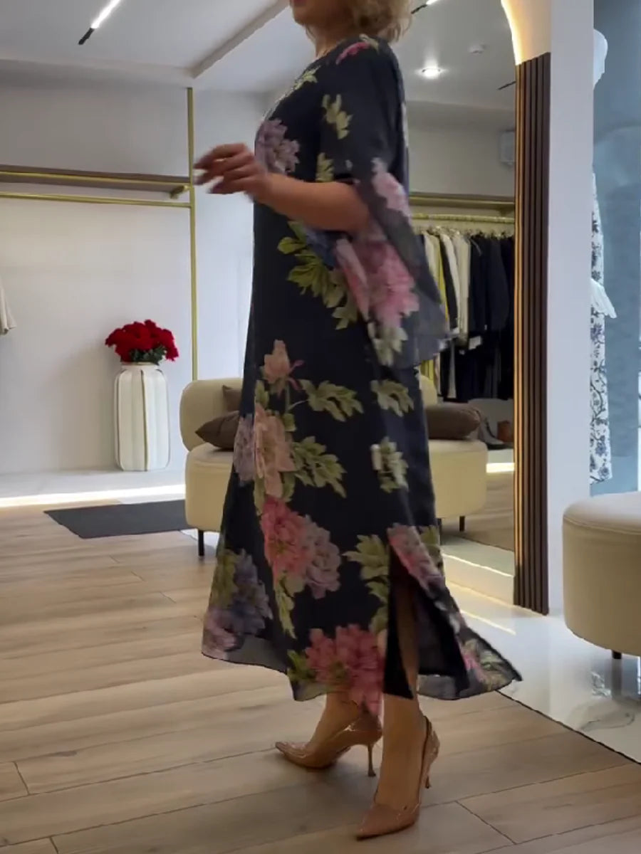 Robe longue trapèze en mousseline à imprimé floral pour femme