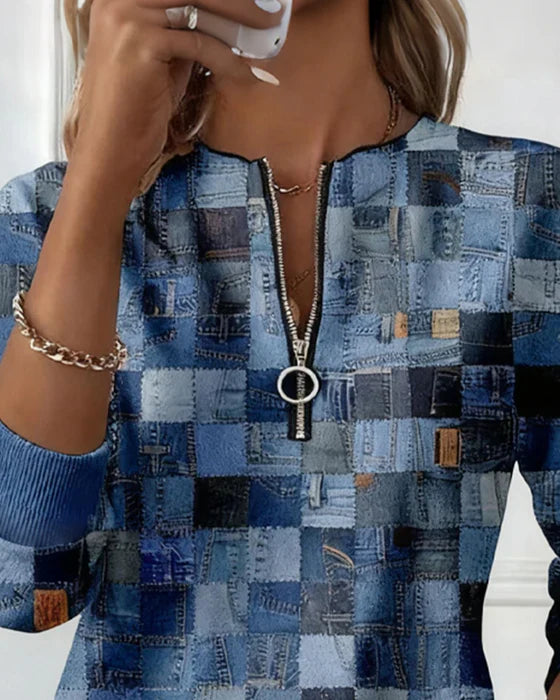 Sweat-shirt mi-long à carreaux pour femme avec col zippé