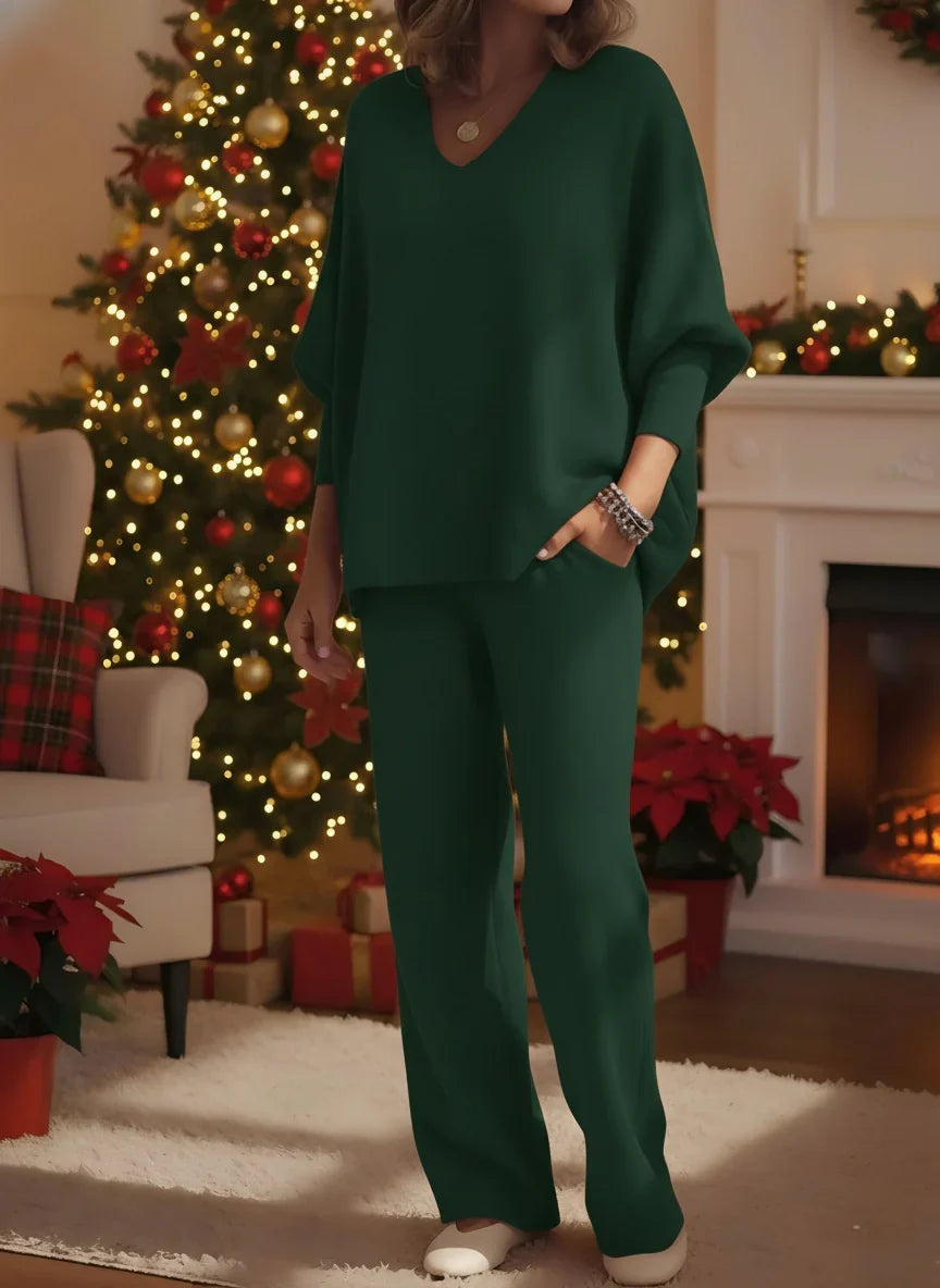 Ensemble haut et pantalon de détente confortable en maille à col en V pour femme