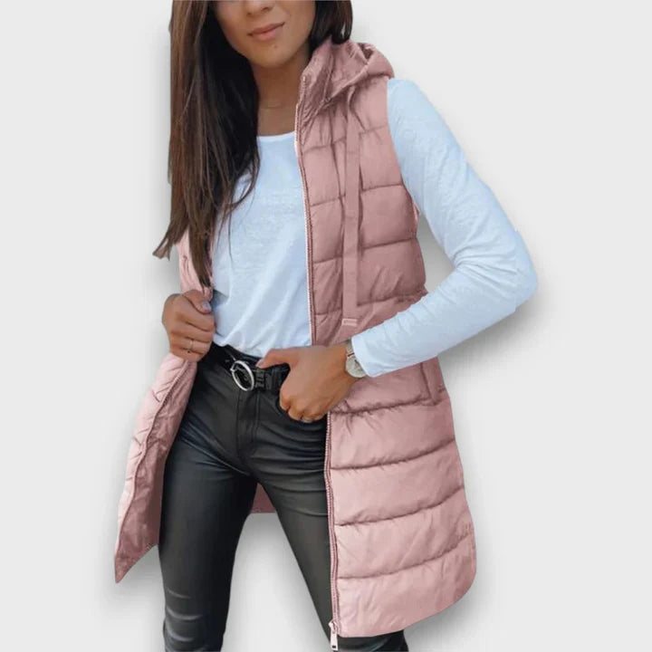 Gilet matelassé long à capuche pour femme