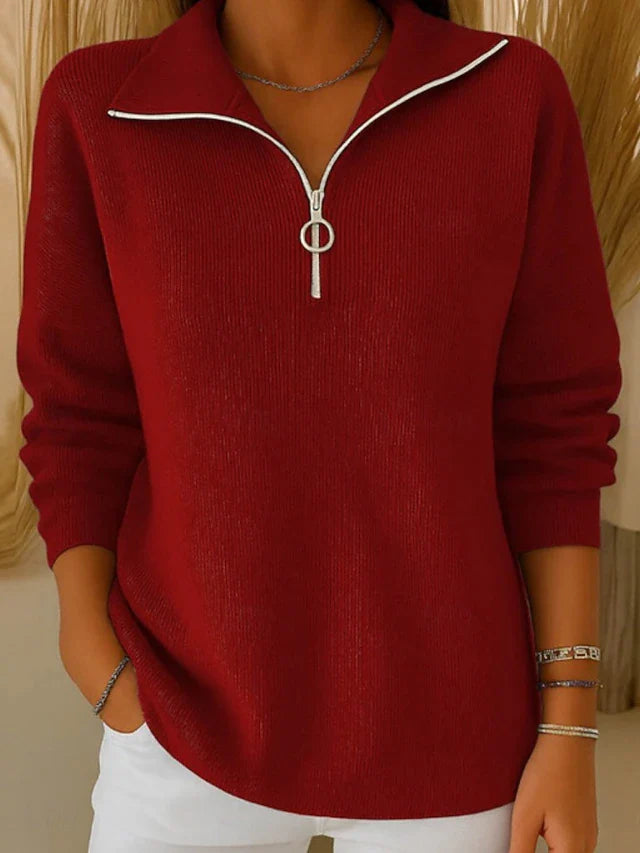 Pull Ă col polo en maille unie pour femme, arrivant sur les hanches