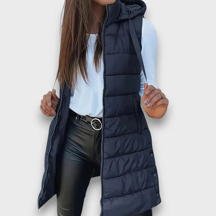 Gilet matelassé long à capuche pour femme