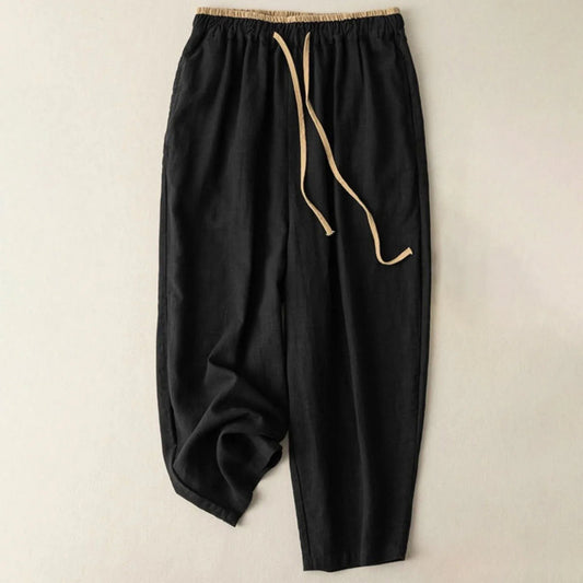 Pantalon sarouel en coton et lin à cordon de serrage avec poches pour femme