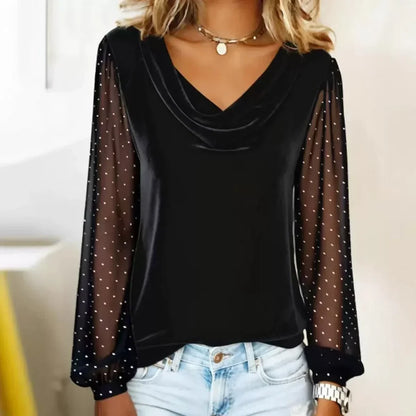 Haut Femme en Velours à Col Drapé Manches Longues en Tulle à Pois