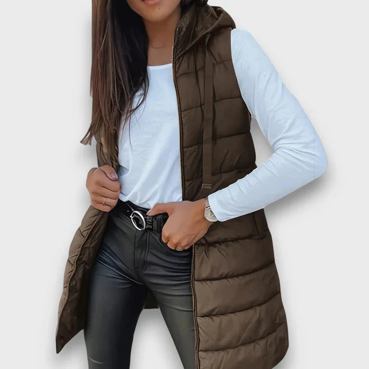 Gilet matelassé long à capuche pour femme