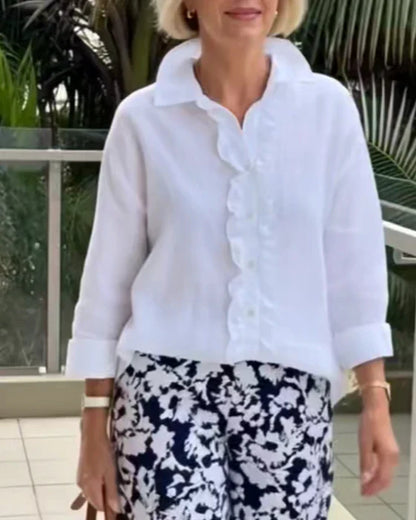 Chemisier uni à col volanté et manches longues pour femme