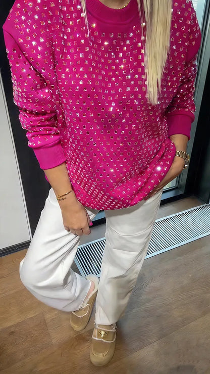 Sweat-shirt décontracté à col rond orné de strass pour femme