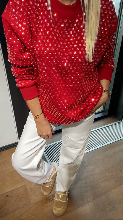 Sweat-shirt décontracté à col rond orné de strass pour femme