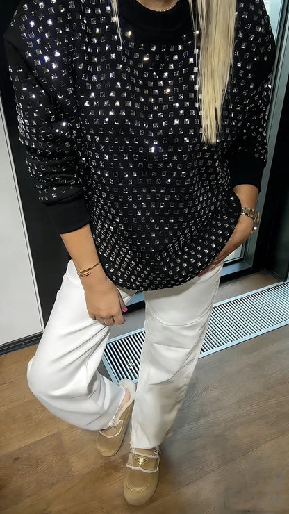 Sweat-shirt décontracté à col rond orné de strass pour femme