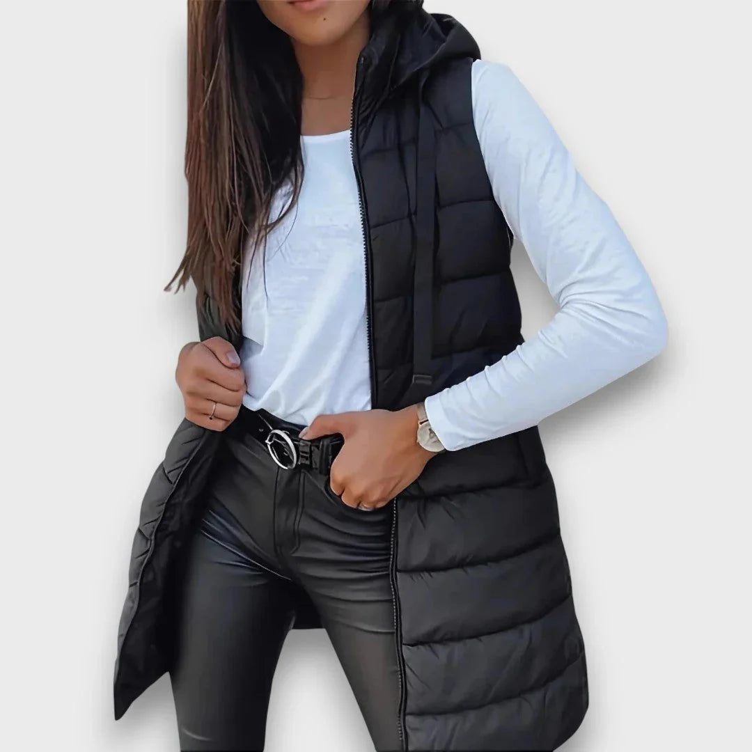 Gilet matelassé long à capuche pour femme