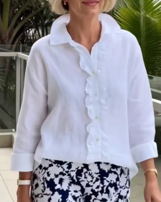 Chemisier uni à col volanté et manches longues pour femme