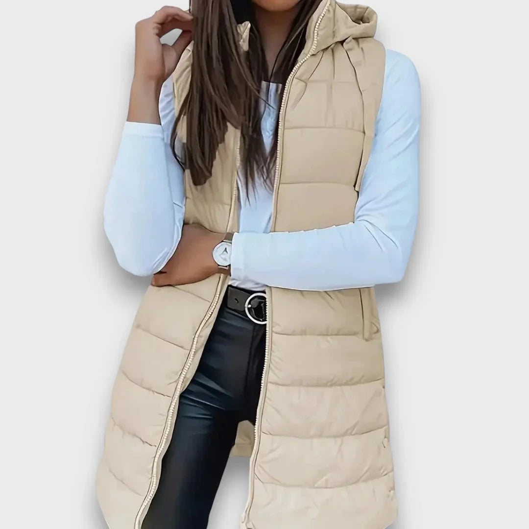 Gilet matelassé long à capuche pour femme