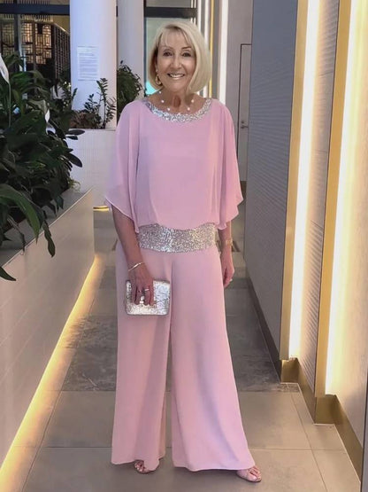 Ensemble deux pièces tunique à paillettes scintillantes et pantalon large pour femme