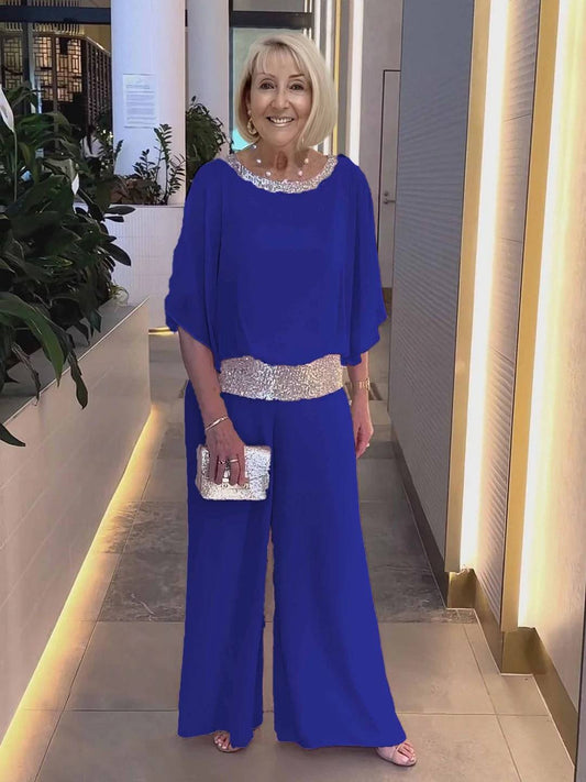 Ensemble deux pièces tunique à paillettes scintillantes et pantalon large pour femme