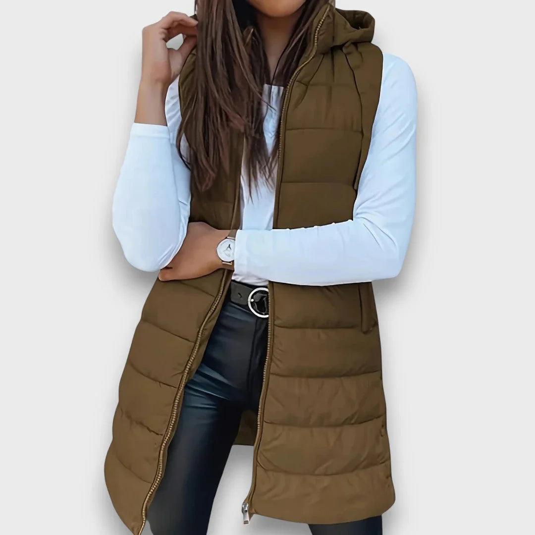 Gilet matelassé long à capuche pour femme