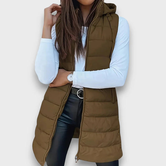 Gilet matelassé long à capuche pour femme