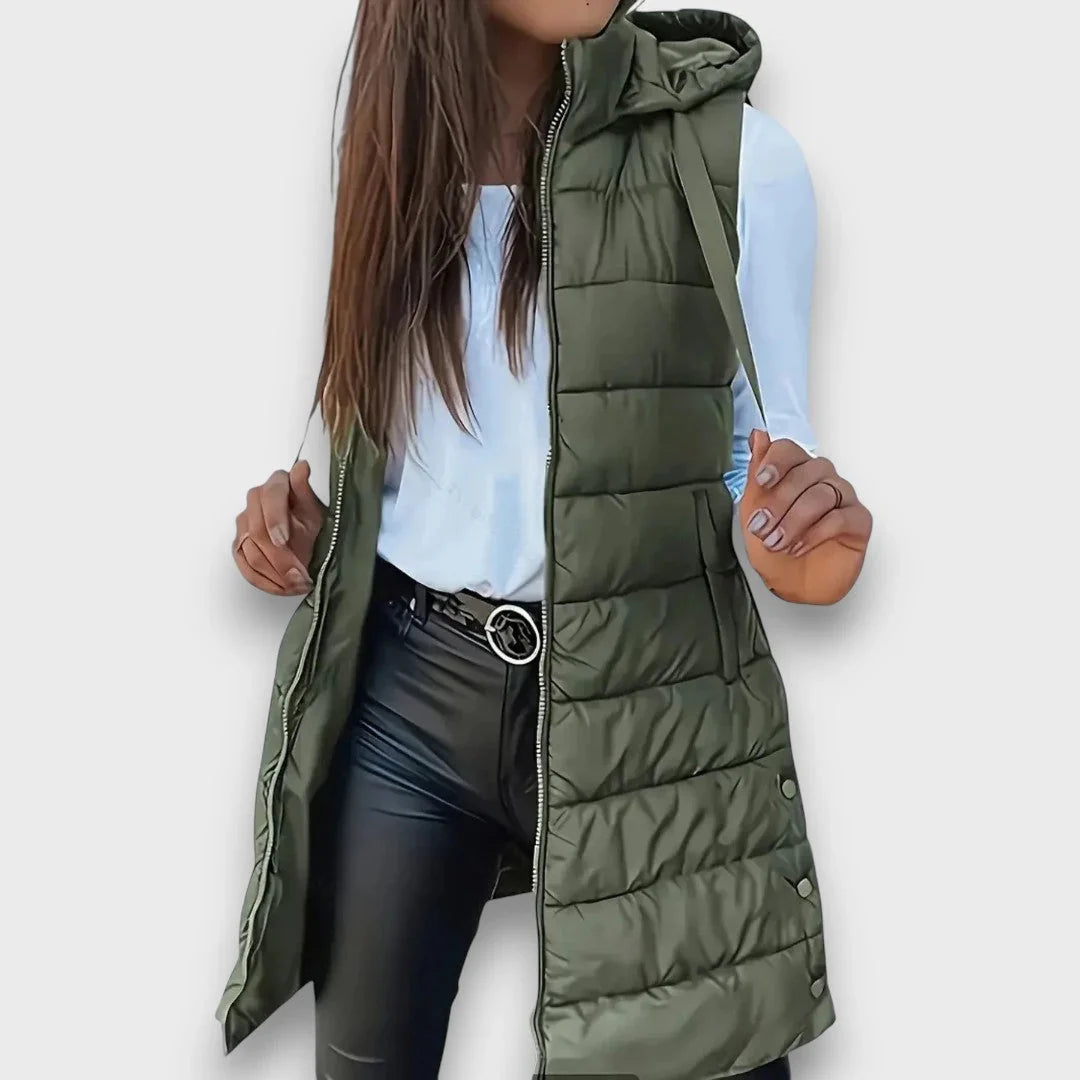 Gilet matelassé long à capuche pour femme