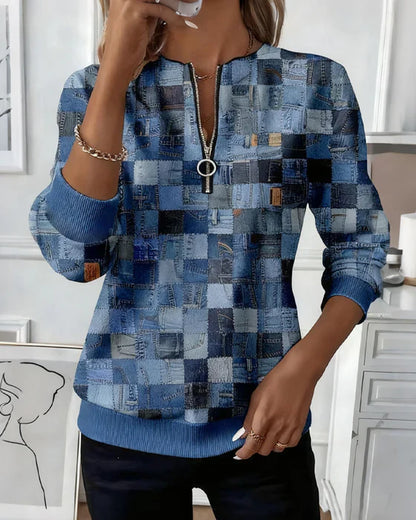 Sweat-shirt mi-long à carreaux pour femme avec col zippé