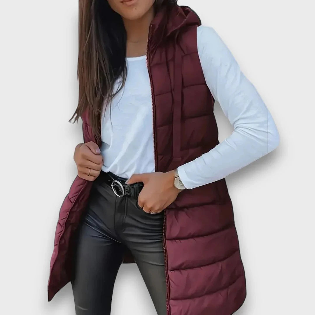Gilet matelassé long à capuche pour femme