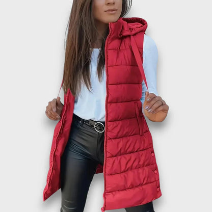 Gilet matelassé long à capuche pour femme