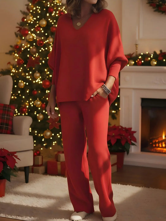 Ensemble haut et pantalon de détente confortable en maille à col en V pour femme