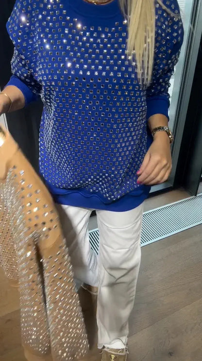 Sweat-shirt décontracté à col rond orné de strass pour femme