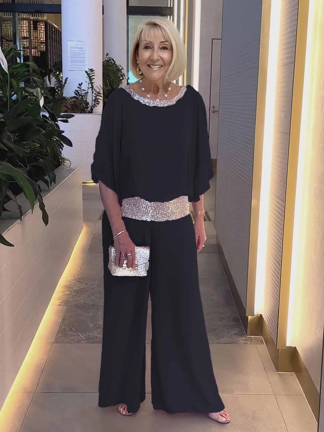 Ensemble deux pièces tunique à paillettes scintillantes et pantalon large pour femme