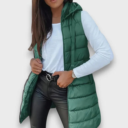 Gilet matelassé long à capuche pour femme