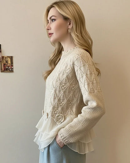 Pull Femme en Maille avec Volants en Mousseline