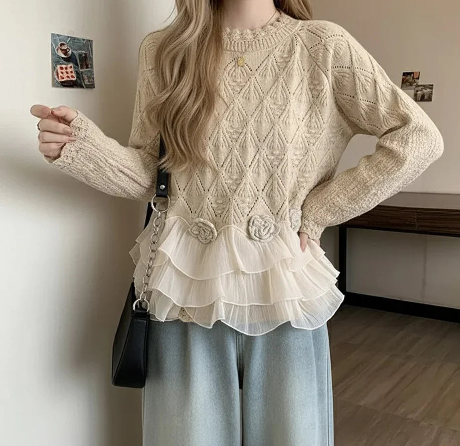 Pull Femme en Maille avec Volants en Mousseline