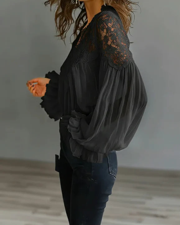 Chemisier à manches lanternes et col festonné en dentelle florale pour femme