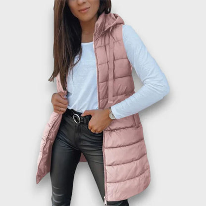 Gilet matelassé long à capuche pour femme