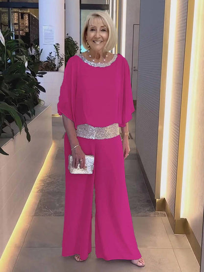 Ensemble deux pièces tunique à paillettes scintillantes et pantalon large pour femme