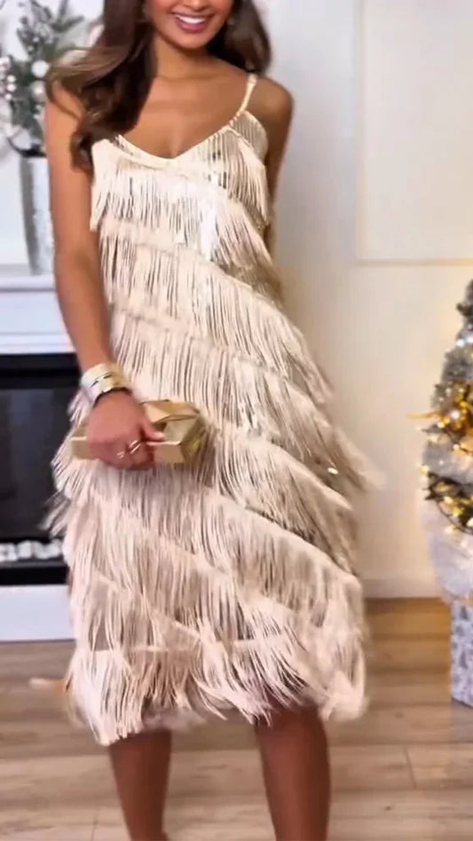 Robe de soirée midi pour femme à bretelles, franges et sequins