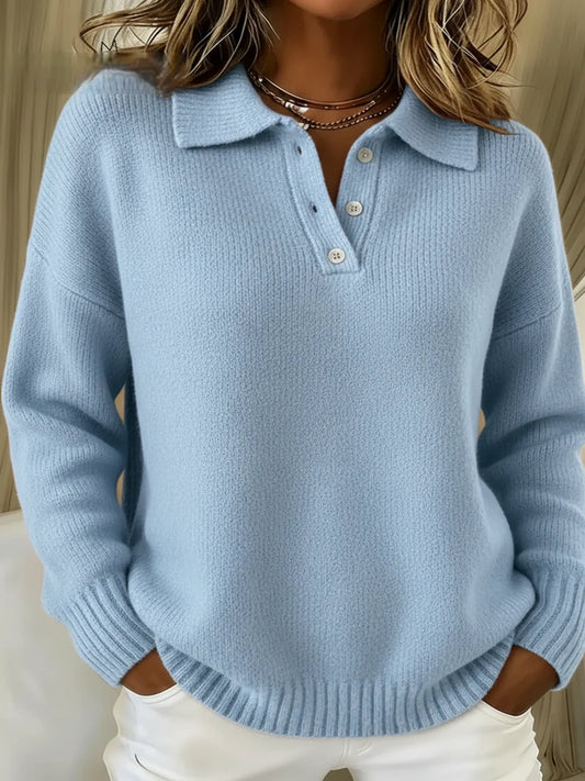 Pull Femme en Maille Douce à Col Polo Boutonné