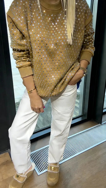 Sweat-shirt décontracté à col rond orné de strass pour femme