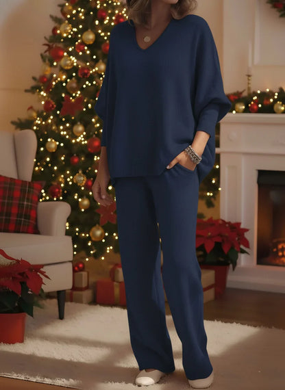 Ensemble haut et pantalon de détente confortable en maille à col en V pour femme