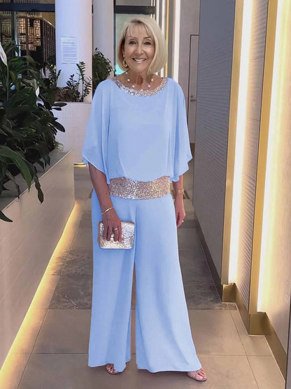 Ensemble deux pièces tunique à paillettes scintillantes et pantalon large pour femme