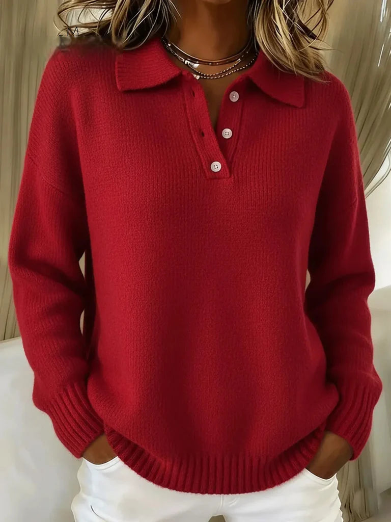 Pull Femme en Maille Douce à Col Polo Boutonné
